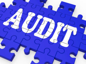 A blue and white jigsaw spells the word audit